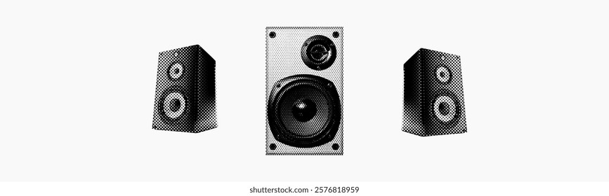 audio speaker isolated in retro halftone dotted texture music sound collage cut-out element for mixed media design vintage crazy grunge punk pop art style in white background