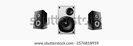 audio speaker isolated in retro halftone dotted texture music sound collage cut-out element for mixed media design vintage crazy grunge punk pop art style in white background