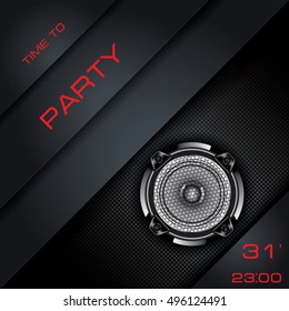 Audio speaker on abstract black background. Party time. Vector template design for invitation, poster, brochure, card