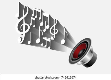 Audio speaker on white background with musical notes.