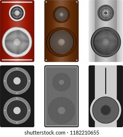 Audio speaker, a set of realistic audio speakers. Six different audio pads. Flat design, vector.