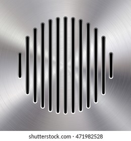 Audio speaker template, dynamic with perforated grill pattern and polished, circular metal texture, chrome, silver, steel, aluminum for design concepts, web, apps, interfaces, UI. Vector illustration.