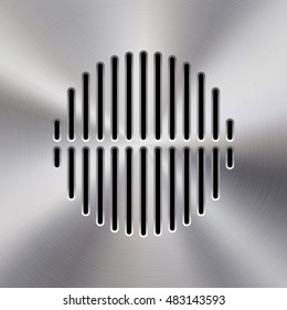 Audio speaker template, dynamic with perforated grill pattern and polished, circular metal texture, chrome, silver, steel, aluminum for design concepts, web, apps, interfaces. Vector illustration.
