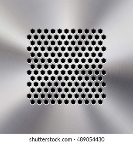 Audio speaker template, dynamic with perforated grill pattern and polished, circular metal texture, chrome, silver, steel, aluminum for design concepts, web, apps, interfaces. Vector illustration.