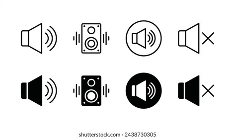 Audio speaker thin line icon set. Containing volume, sound, mute, unmute, loud, loudspeaker, and music button for app and website. Vector illustration