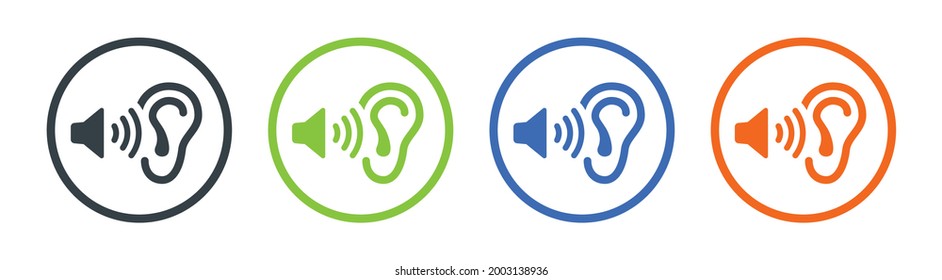 Volumen de altavoz de audio con ilustración vectorial de icono de oído. Concepto de sonido auditivo.
