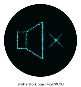 Audio speaker volume icon of cyan lights on black background. Neon vector icon