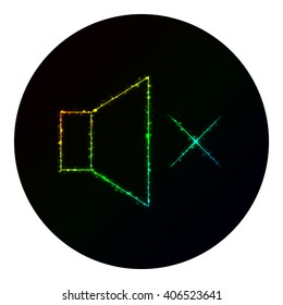 Audio speaker volume icon of gradient lights on black background. Neon vector icon