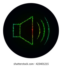 Audio speaker volume icon of gradient lights on black background. Neon vector icon