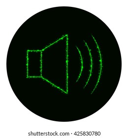 Audio speaker volume icon of green lights on black background. Neon vector icon