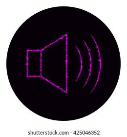 Audio speaker volume icon of purple lights on black background. Neon vector icon