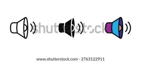Audio speaker volume icon set in line art, solid black, and vibrant color for sound systems, multimedia controls, and music player interfaces. Vector Illustration.