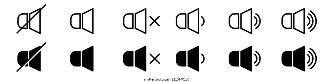 Audio speaker volume sound icon vector set. Audio device for app or website symbol illustration. headphone sign silhouette. No sound or mute until full or high volume icon set