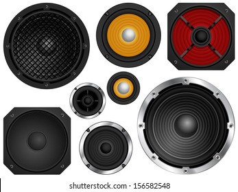 Audio speakers in different sizes and colors. Vector illustration 