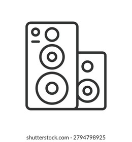Audio speakers, icon in line design. speakers, audio, sound, music, stereo, volume, equipment on white background vector. Audio speakers editable stroke icon