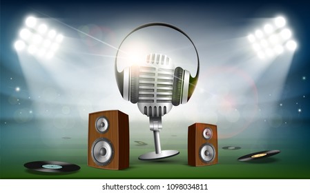 Audio speakers and a microphone with headphones stand on the stadium. Music festival and karaoke. Stock vector illustration.