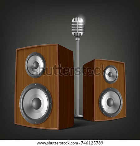 Audio speakers and a microphone stand on the stage. Music festival and karaoke. Stock vector illustration.