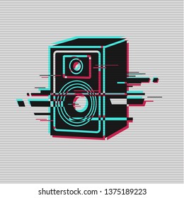 Audio Speakers. Random digital error signal. Glitch with the image of the speaker. Clothing design element. Vector