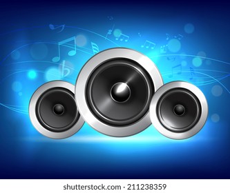 Audio speakers sub woofer system on blue music background concept vector illustration.