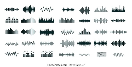 Audio spectrum graphic elements collection - Set of sound, music or voice recording waves in black colour on white background. Vector illustrations