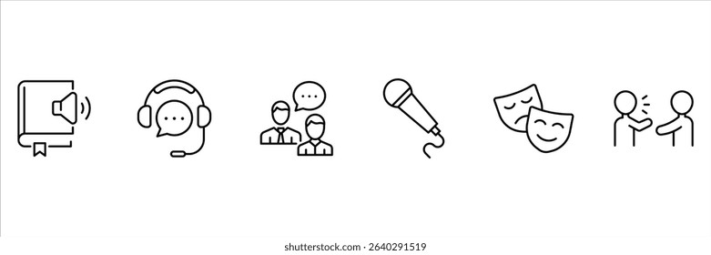 Audio storytelling headset dialogue microphone theatre drama conversation audiobook performance discussion speaker mask talk icon vector illustration.