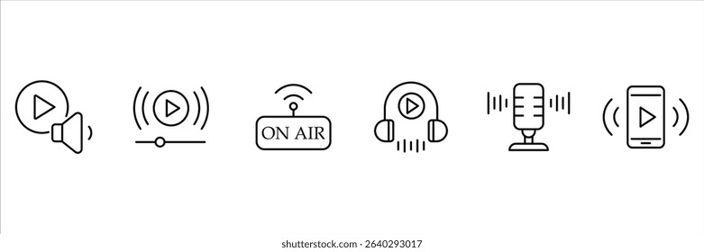 Audio stream speaker play on air podcast headphone mic broadcast icon vector illustration for media digital platform interface device.