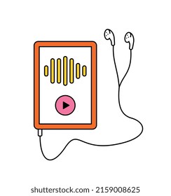 Audio streaming service equipment icon. Digital tablet and headphones for listening to broadcasts, podcasts and music. Device with equalizer. Cartoon flat vector illustration isolated white background