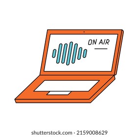 Audio streaming service equipment icon. Open laptop with equalizer and inscription on air. Listening to podcast, online radio or broadcast. Cartoon flat vector illustration isolated white background.