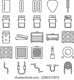 Audio studio flat icon speaker amplifier head cabinet cable guitar pick effect stompbox