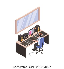 Audio studio isometric icon with sound producer at his work place 3d vector illustration