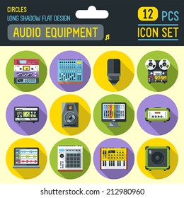 Audio studio and stage equipment flat long shadow circle icon set. Vector trendy illustrations. 