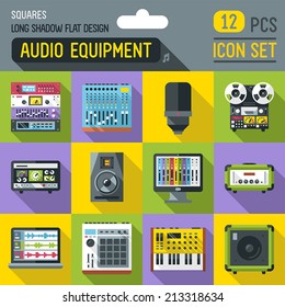 Audio studio and stage equipment flat long shadow square icon set. Vector trendy illustrations. 