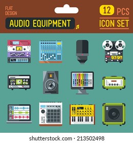 Audio studio and stage equipment flat long shadow icon set. Vector trendy illustrations. 