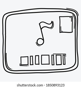 Audio y subtítulo en el icono del vector del doodle de pantalla. Línea dibujada a mano en la ilustración del esbozo de dibujo.