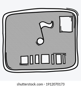 Audio y subtítulo en el icono del vector del doodle de pantalla. Línea dibujada a mano en la ilustración del esbozo de dibujo.