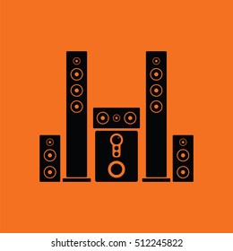 Audio system speakers icon. Orange background with black. Vector illustration.