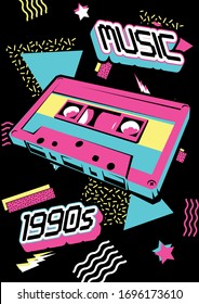 Patrón de cinta de audio de los años 90, fondo abstracto, colores neones de moda