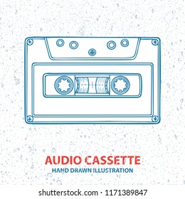 Audio tape cassette. Hand drawn vintage cassette illustration.
Tape cassette sketch drawing. Retro music concept.