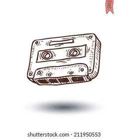 Audio tape cassette record, hand drawn illustration.   
