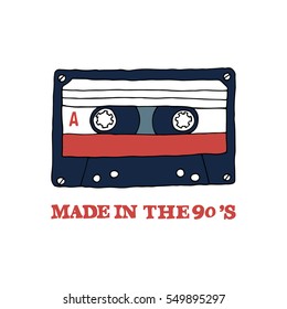 Audio tape with inscription: " Made in the 90s". It can be used for website design, article, poster, t-shirt, mug etc.