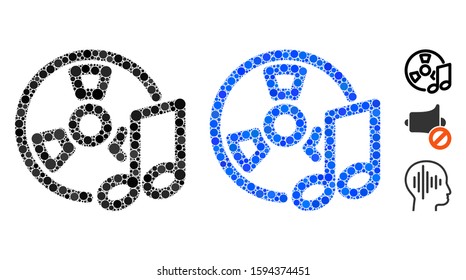 Audio tape mosaic of circle elements in variable sizes and color tinges, based on audio tape icon. Vector circle elements are united into blue illustration.