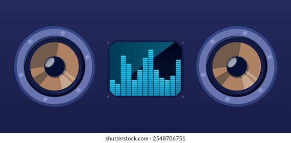 Audio tape recorder with Frequency Chart. The image of two speakers with a frequency graph between them symbolizes music and sound