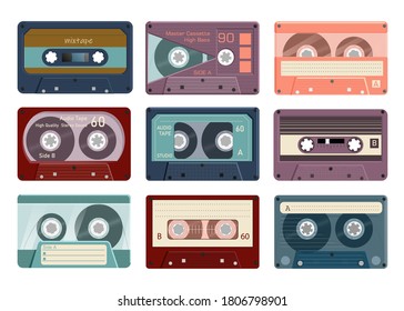 Audio tape. Vintage analogue player record tape cassette collection on white background. Vector retro stereo music mixtape isolated set illustration. Obsolete bilateral magnetic reel strip