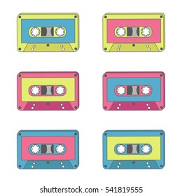 Audio tapes of different colours. Technology 70s. Vector illustration.