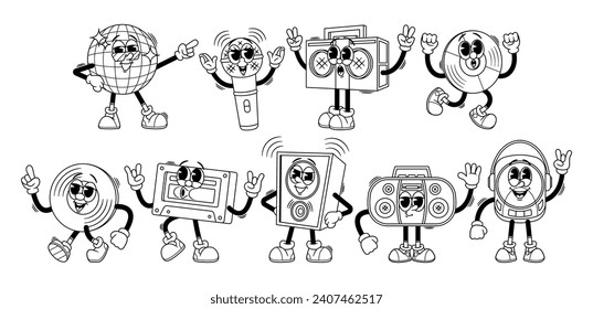 Caracteres De Técnica De Audio En Estilo Retro Lineal De Dibujo. Dinámica, Grabadora De Cintas, Micrófono, Reproductor Y Pelota Disco