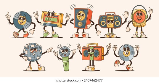 Audio Technique Characters In Cartoon Retro Style. Dynamics, Tape And Recorder, Microphone, Player And Disco Ball