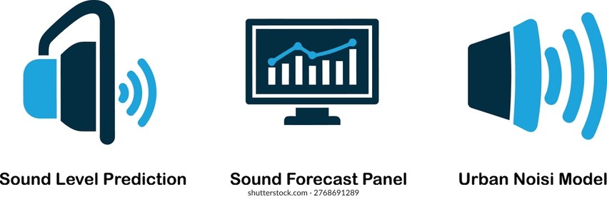 Audio technology and data visualization icons with prediction forecast technology waveform computer analysis statistics measurement acoustic soundscape environment illustration research