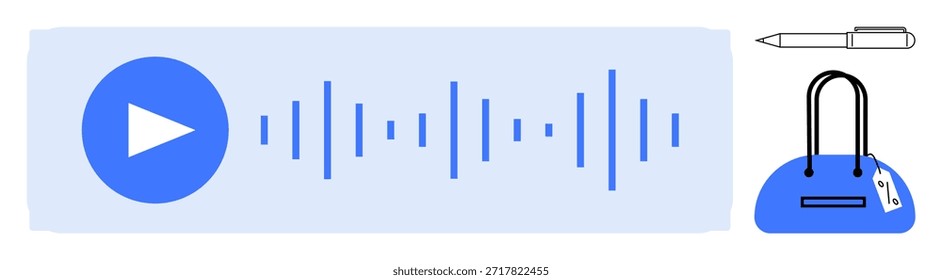 Audio technology, e-commerce, content creation, digital advertising, user interaction, online shopping. A play button alongside soundwaves, a bag with a price tag and a pen. Audio technology