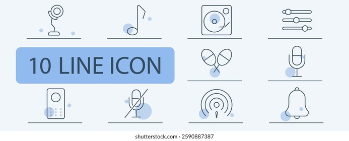 Audio and technology set icon. Webcam, music note, turntable, sound settings, microphone, intercom, mute, podcast, badminton, notification.