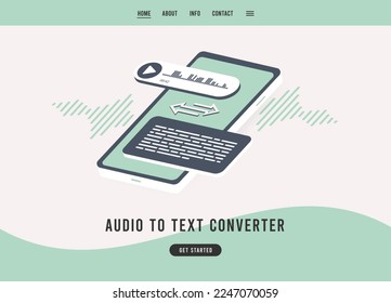 Audio to text converter concept. Transcribe voice audio messages to plain text. Online audio speech-to-text convert flat design vector e-commerce landing page template